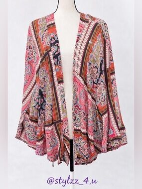 Preloved Daytrip Paisley Kimono Cardigan – Multicolor Boho Open Front- Large